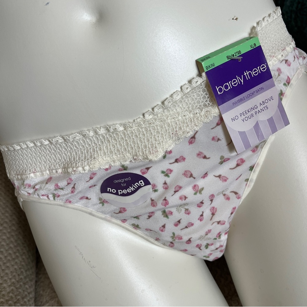 NWT Vintage Barely There Nylon Bikini Panty XL 8 Pink Rosebud Lace Trim - Picture 6 of 10